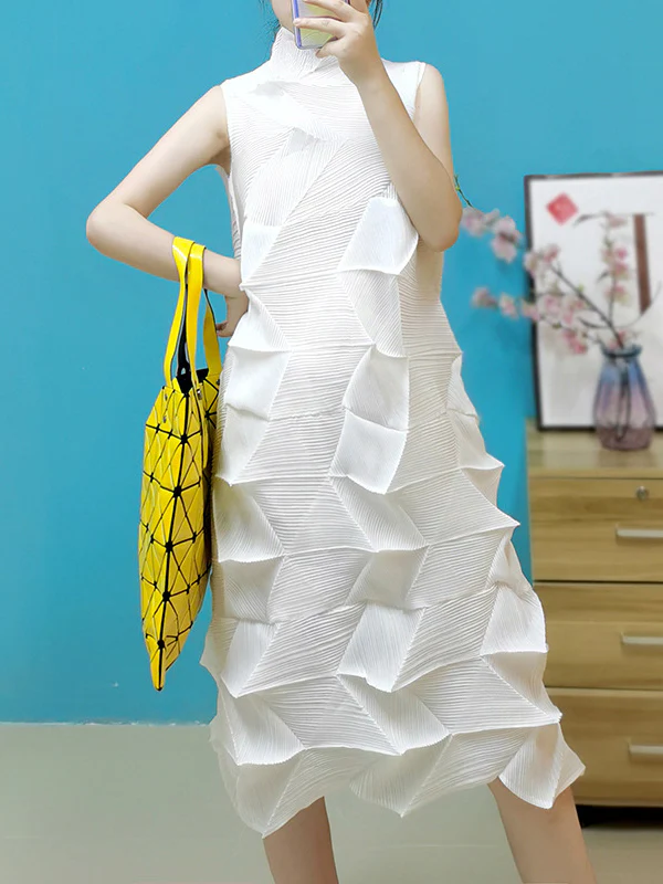 Casual Sleeveless Irregularity Pleated Solid Color Stand Collar Midi Dresses - Image 9
