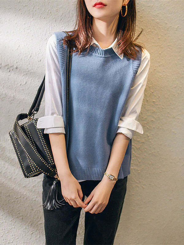 Casual Sleeveless Loose Solid Color Round-Neck Knitting Vest Outerwear - Image 3