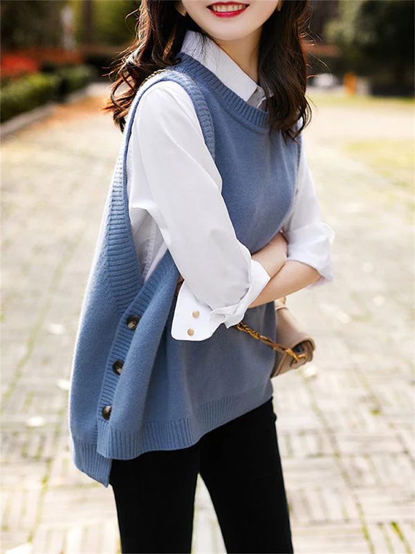 Casual Sleeveless Loose Solid Color Round-Neck Knitting Vest Outerwear - Image 6