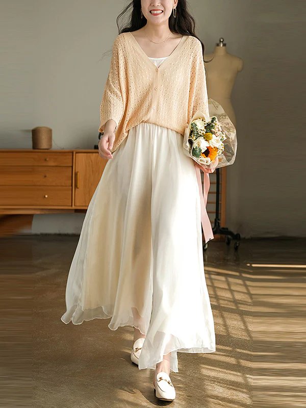 Casual Solid Color Chiffon Column Wide Leg Pants&Skirt - Image 13