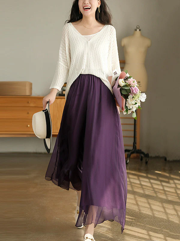 Casual Solid Color Chiffon Column Wide Leg Pants&Skirt - Image 18