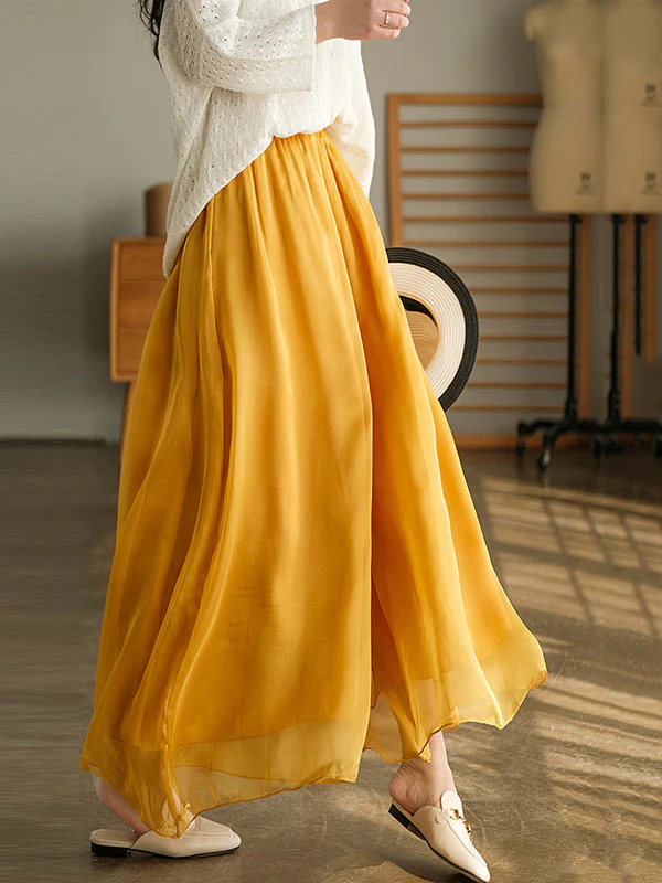 Casual Solid Color Chiffon Column Wide Leg Pants&Skirt - Image 19