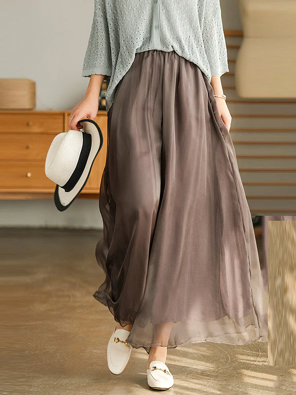 Casual Solid Color Chiffon Column Wide Leg Pants&Skirt - Image 2
