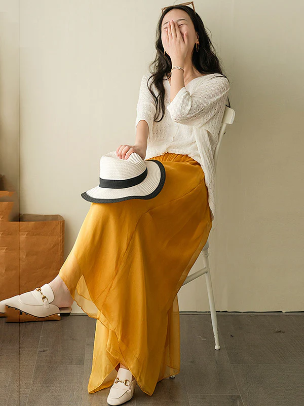 Casual Solid Color Chiffon Column Wide Leg Pants&Skirt - Image 21