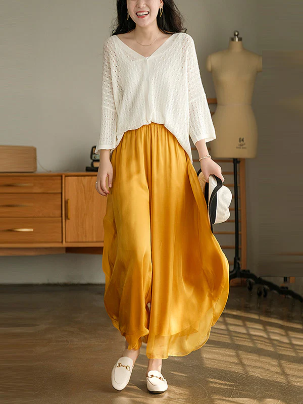 Casual Solid Color Chiffon Column Wide Leg Pants&Skirt - Image 22