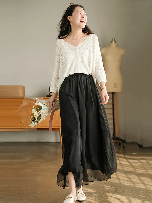 Casual Solid Color Chiffon Column Wide Leg Pants&Skirt - Image 25