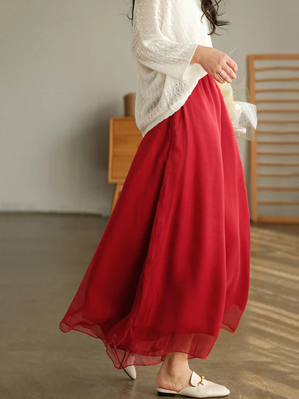 Casual Solid Color Chiffon Column Wide Leg Pants&Skirt - Image 3