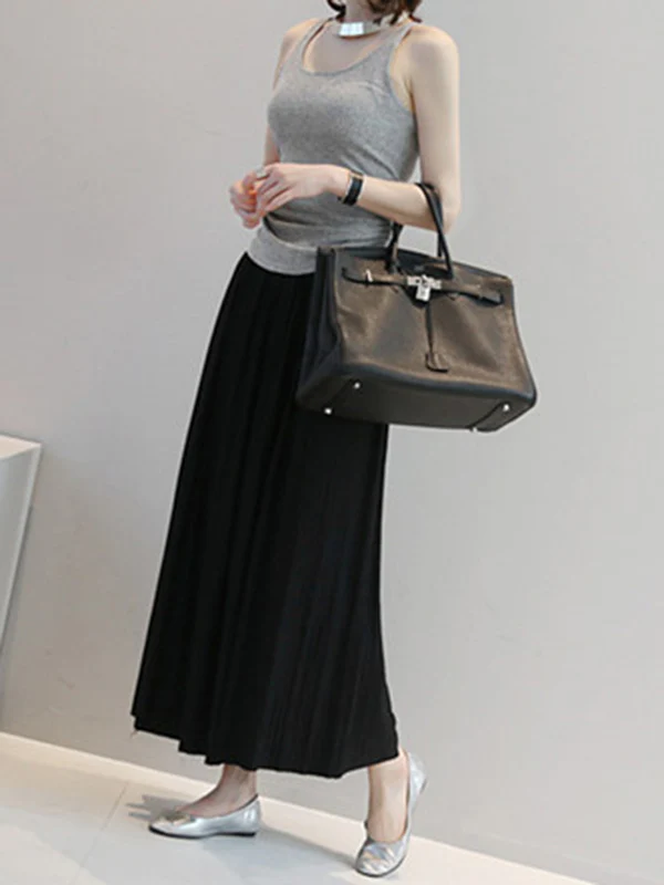 Casual Solid Color Elasticity Waist Pleated Skirts - Image 11