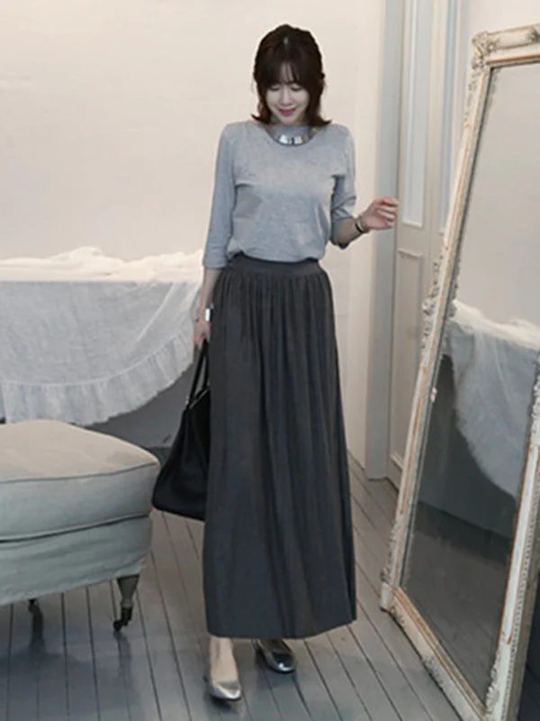 Casual Solid Color Elasticity Waist Pleated Skirts - Image 12