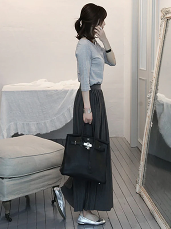 Casual Solid Color Elasticity Waist Pleated Skirts - Image 14