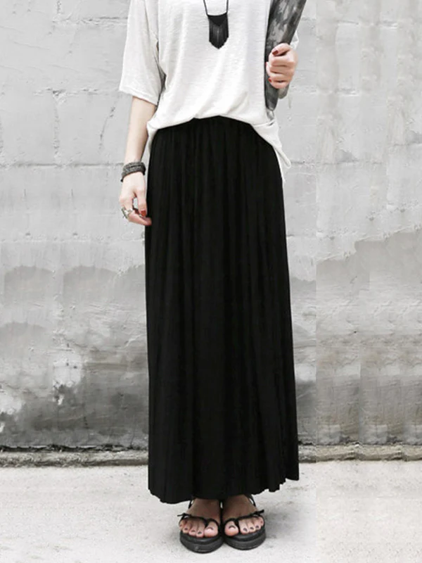 Casual Solid Color Elasticity Waist Pleated Skirts - Image 2