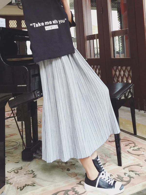 Casual Solid Color Elasticity Waist Pleated Skirts - Image 3
