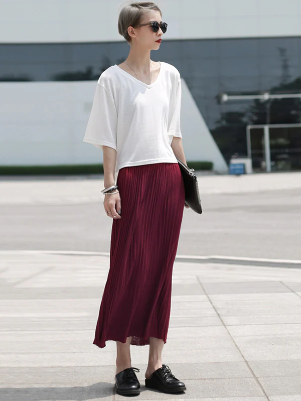 Casual Solid Color Elasticity Waist Pleated Skirts - Image 4