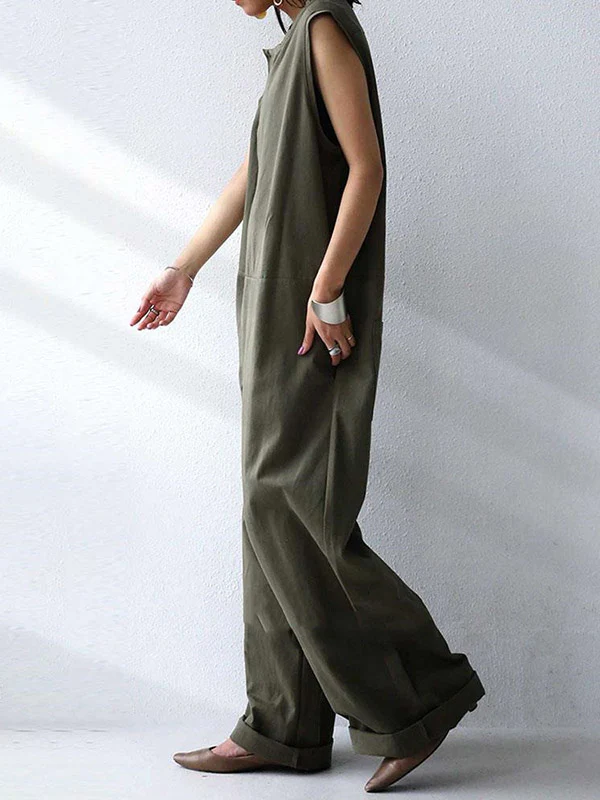 Casual Solid Color Round-Neck Sleeveless Wide Leg Jumpsuits - Image 2