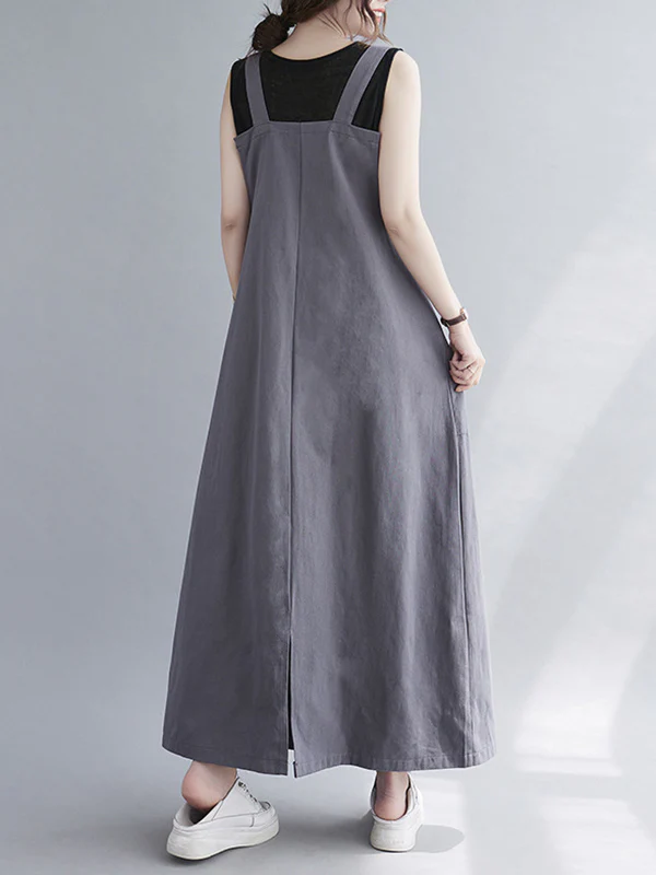 Casual Solid Color With Pocket Suspender Dress - Image 10