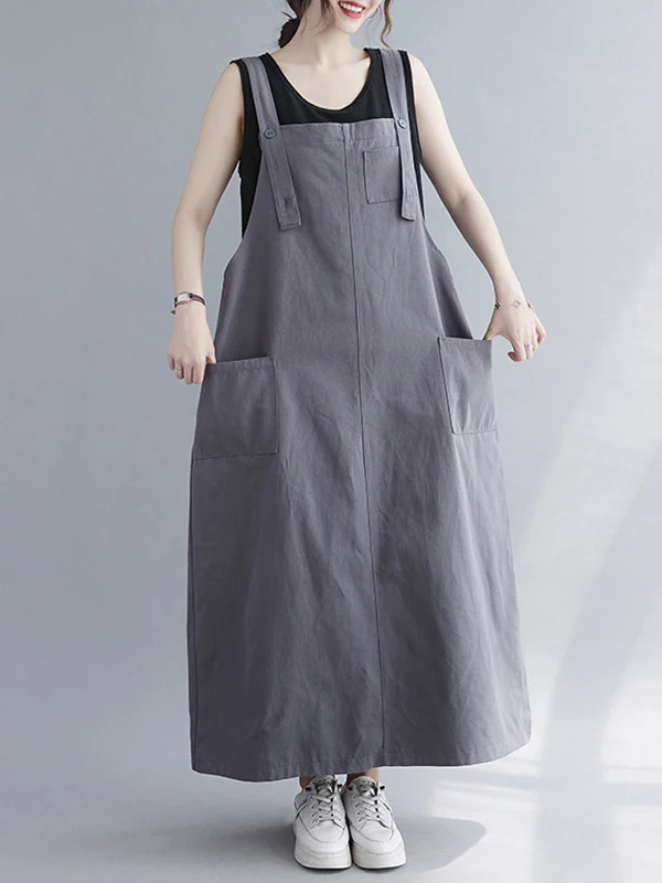 Casual Solid Color With Pocket Suspender Dress - Image 2