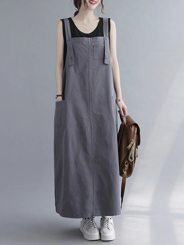 Casual Solid Color With Pocket Suspender Dress - Image 3