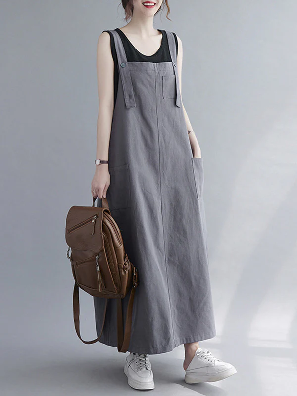 Casual Solid Color With Pocket Suspender Dress - Image 4
