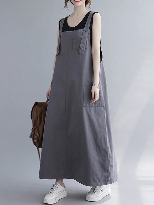 Casual Solid Color With Pocket Suspender Dress - Image 5