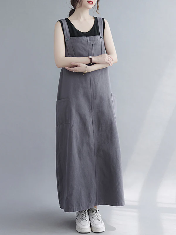 Casual Solid Color With Pocket Suspender Dress - Image 6