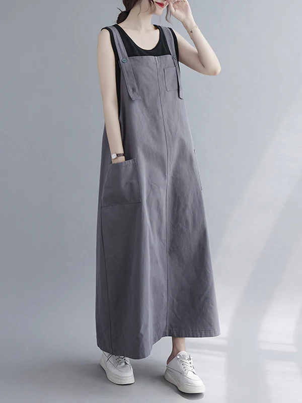 Casual Solid Color With Pocket Suspender Dress - Image 7