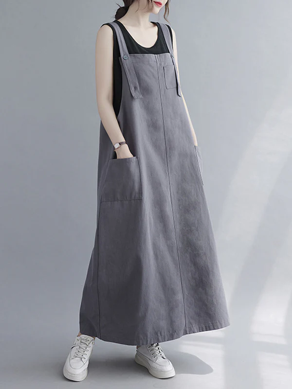 Casual Solid Color With Pocket Suspender Dress - Image 8