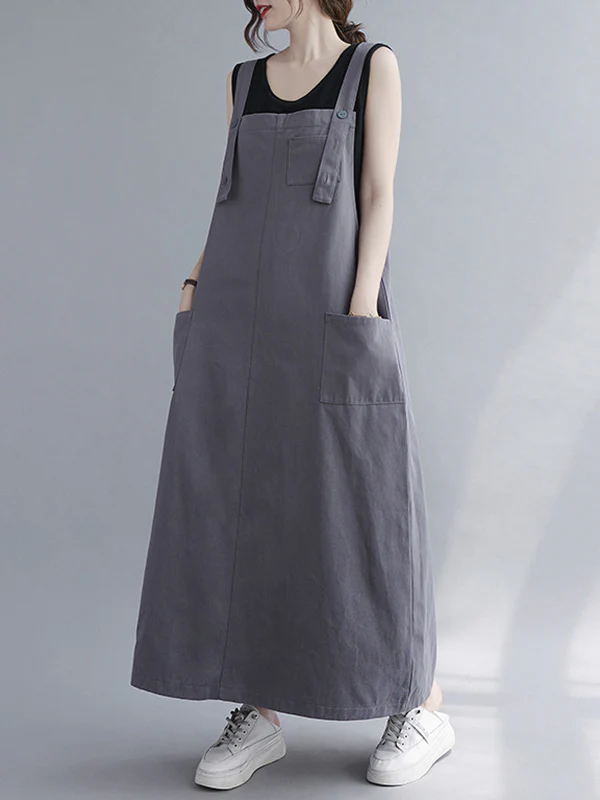 Casual Solid Color With Pocket Suspender Dress - Image 9