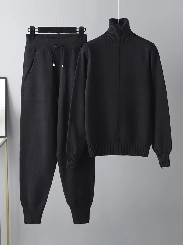 Casual Solid Long Sleeves High-Neck Sweater Tops & Drawstring Wide Leg Pants Suits - Image 10
