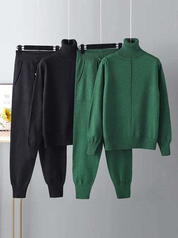 Casual Solid Long Sleeves High-Neck Sweater Tops & Drawstring Wide Leg Pants Suits - Image 11