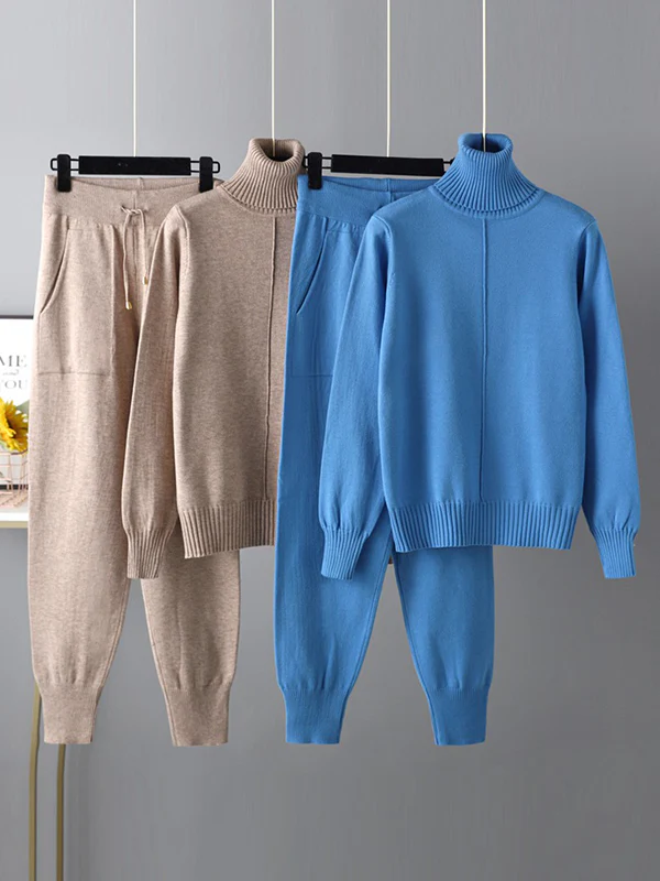 Casual Solid Long Sleeves High-Neck Sweater Tops & Drawstring Wide Leg Pants Suits - Image 12