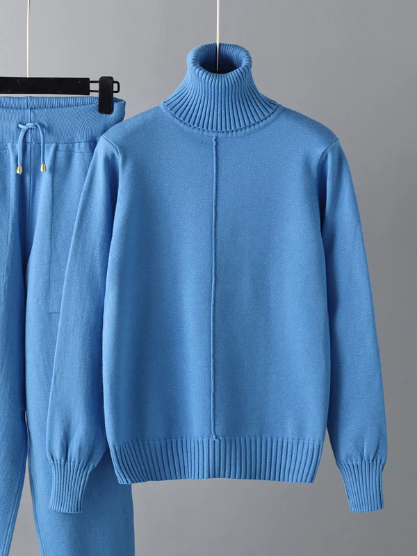 Casual Solid Long Sleeves High-Neck Sweater Tops & Drawstring Wide Leg Pants Suits - Image 13
