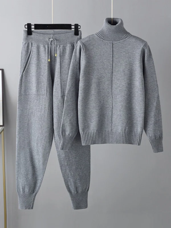 Casual Solid Long Sleeves High-Neck Sweater Tops & Drawstring Wide Leg Pants Suits - Image 2