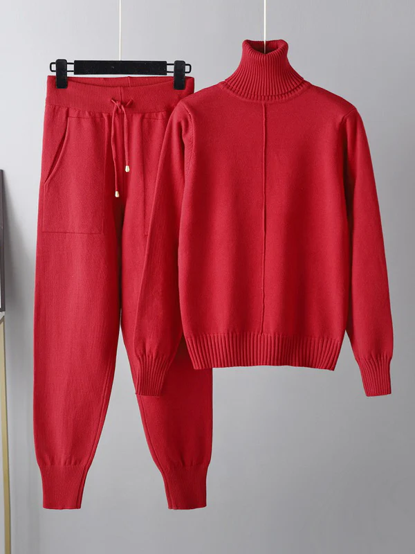 Casual Solid Long Sleeves High-Neck Sweater Tops & Drawstring Wide Leg Pants Suits - Image 3