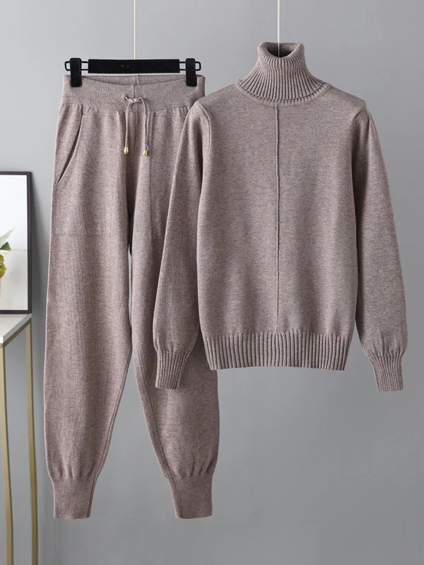 Casual Solid Long Sleeves High-Neck Sweater Tops & Drawstring Wide Leg Pants Suits - Image 4