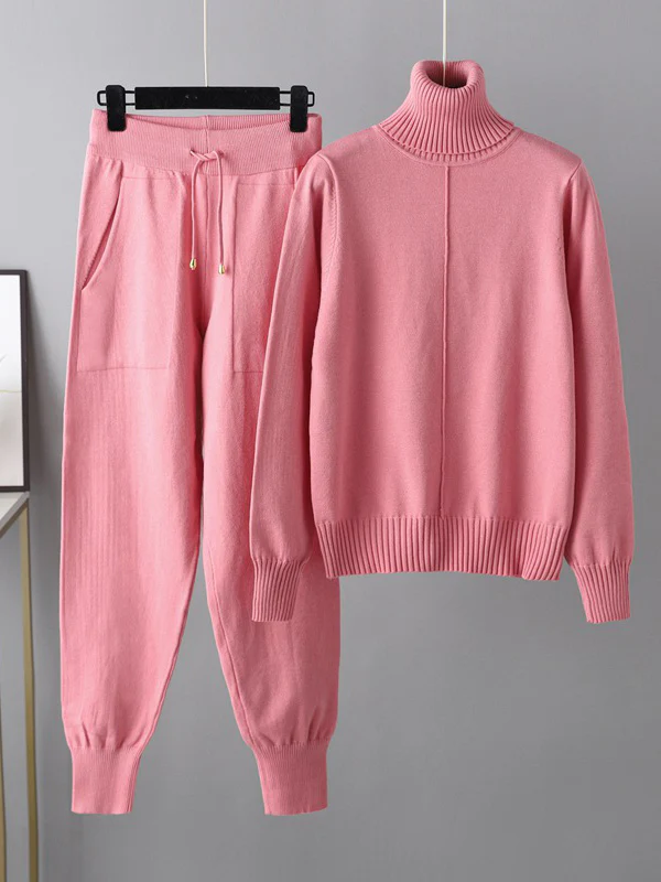 Casual Solid Long Sleeves High-Neck Sweater Tops & Drawstring Wide Leg Pants Suits - Image 5