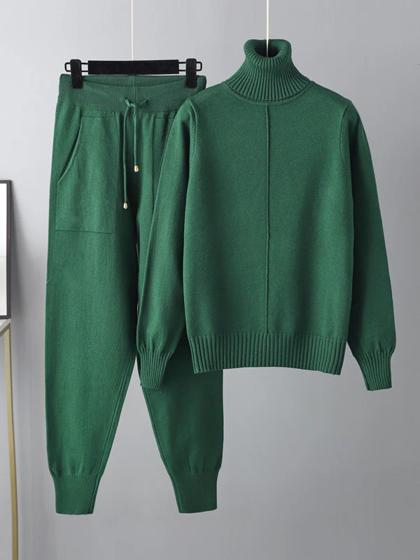 Casual Solid Long Sleeves High-Neck Sweater Tops & Drawstring Wide Leg Pants Suits - Image 6