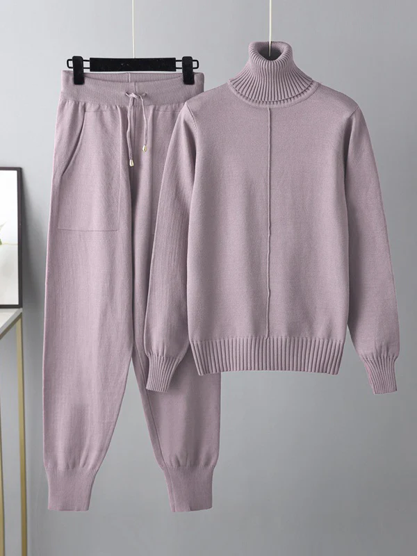 Casual Solid Long Sleeves High-Neck Sweater Tops & Drawstring Wide Leg Pants Suits - Image 7