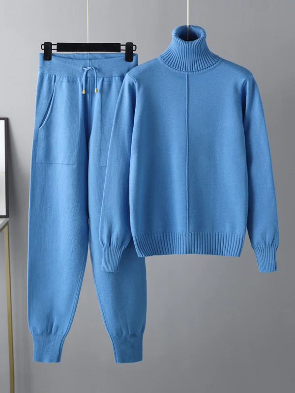 Casual Solid Long Sleeves High-Neck Sweater Tops & Drawstring Wide Leg Pants Suits - Image 8