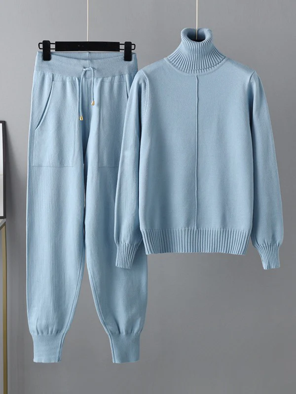 Casual Solid Long Sleeves High-Neck Sweater Tops & Drawstring Wide Leg Pants Suits - Image 9