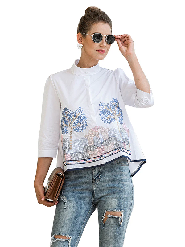 Casual Three-Quarter Sleeves Loose Embroidered Stand Collar Blouses&Shirts Tops - Image 10