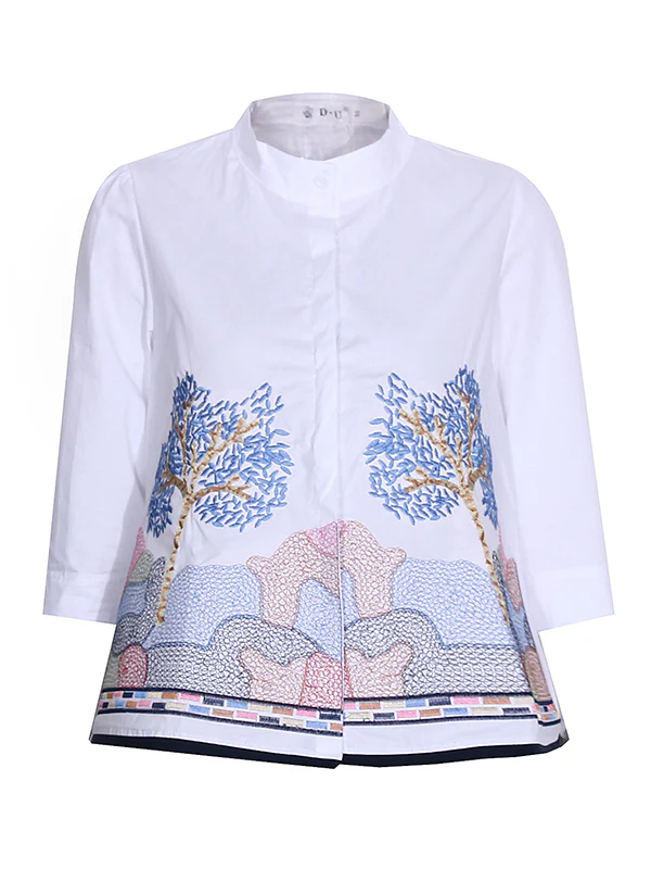 Casual Three-Quarter Sleeves Loose Embroidered Stand Collar Blouses&Shirts Tops - Image 11