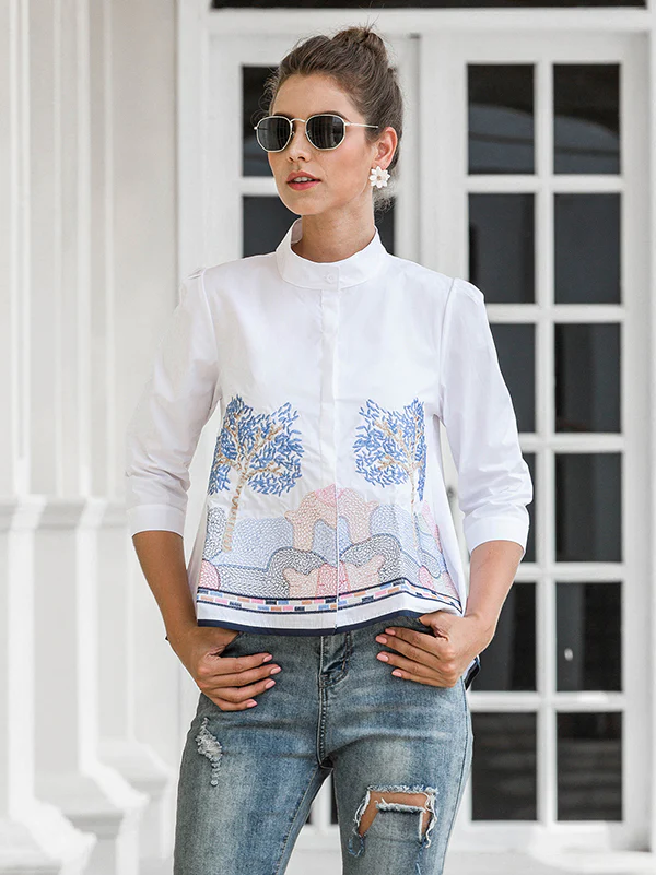Casual Three-Quarter Sleeves Loose Embroidered Stand Collar Blouses&Shirts Tops - Image 2