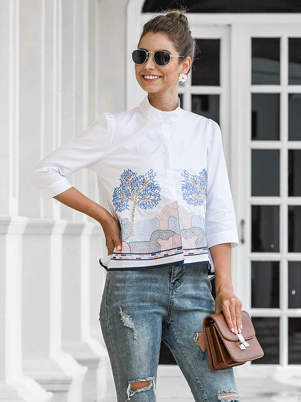 Casual Three-Quarter Sleeves Loose Embroidered Stand Collar Blouses&Shirts Tops - Image 3
