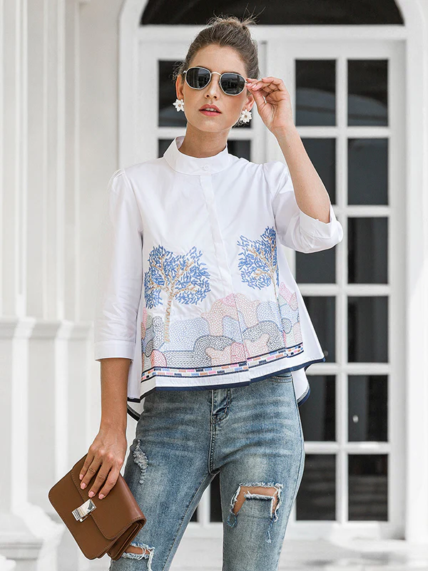 Casual Three-Quarter Sleeves Loose Embroidered Stand Collar Blouses&Shirts Tops - Image 4