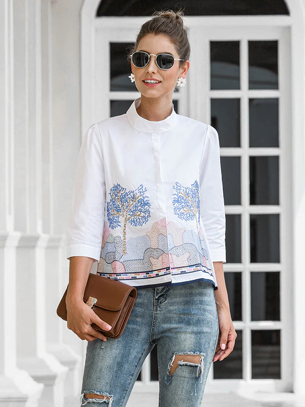 Casual Three-Quarter Sleeves Loose Embroidered Stand Collar Blouses&Shirts Tops - Image 5