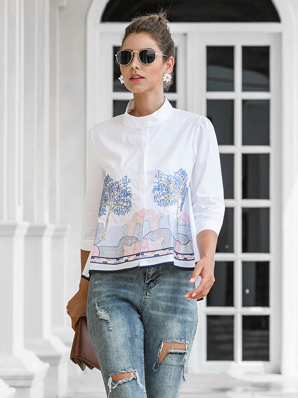 Casual Three-Quarter Sleeves Loose Embroidered Stand Collar Blouses&Shirts Tops - Image 6