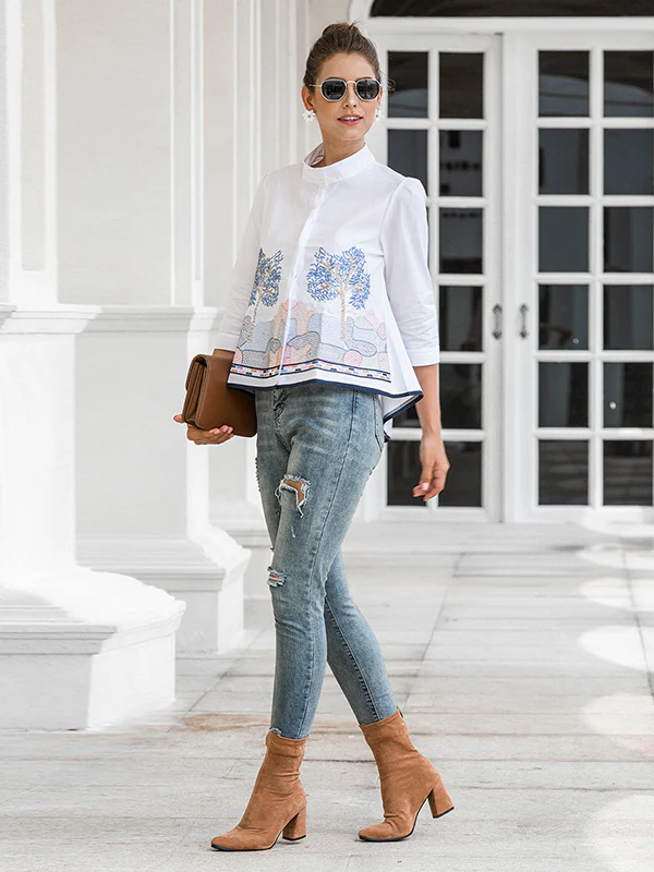Casual Three-Quarter Sleeves Loose Embroidered Stand Collar Blouses&Shirts Tops - Image 7