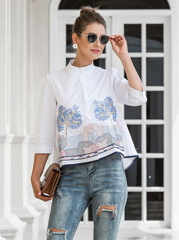 Casual Three-Quarter Sleeves Loose Embroidered Stand Collar Blouses&Shirts Tops - Image 8