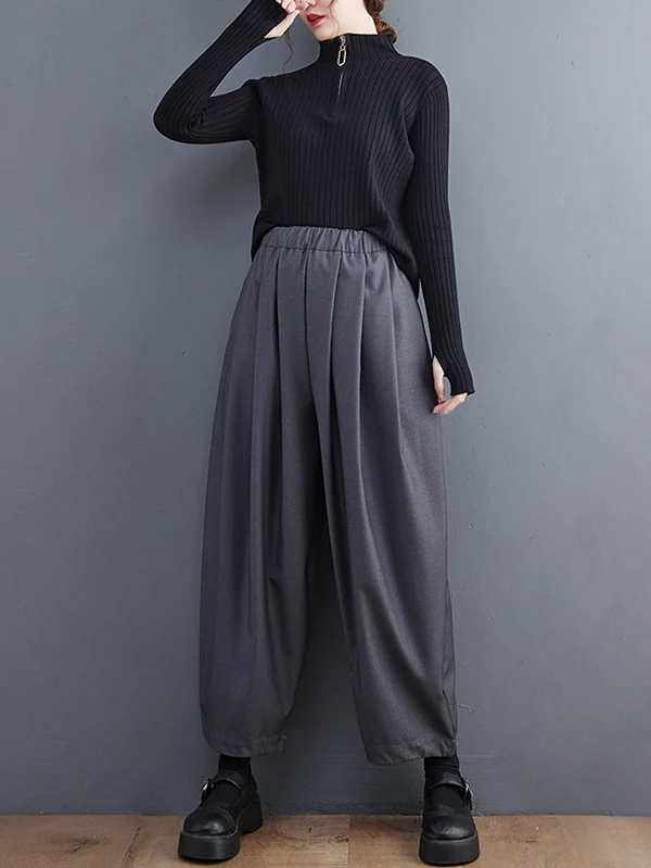 Casual Wide Leg Loose Pleated Solid Color Pants - Image 13