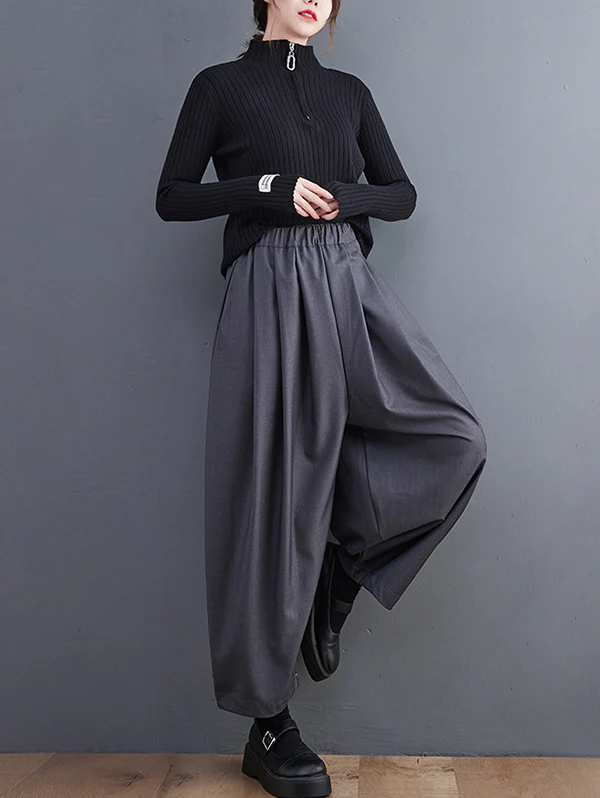 Casual Wide Leg Loose Pleated Solid Color Pants - Image 14